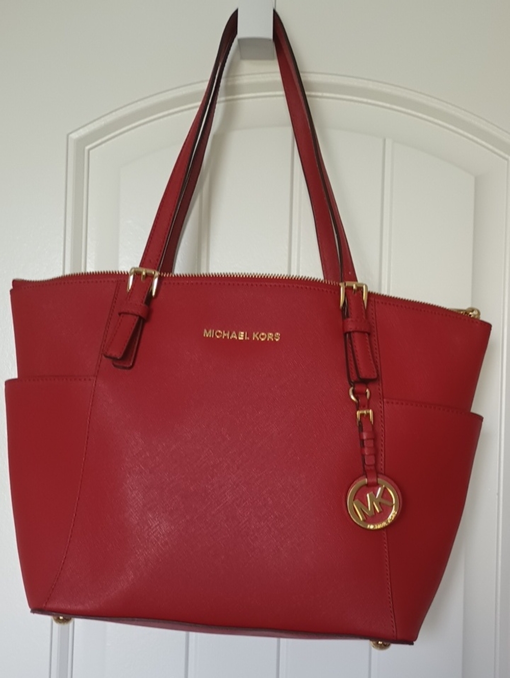 MICHAEL KORS Crimson Red Saffiano Leather Jet Set East West Tote Bag